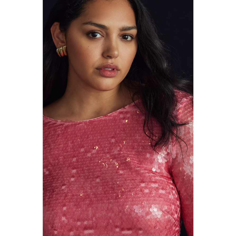 NEW ANTHROPOLOGIE PINK SEQUIN DRAPE BACK MINI DRESS SZ 10 - Picture 4 of 12